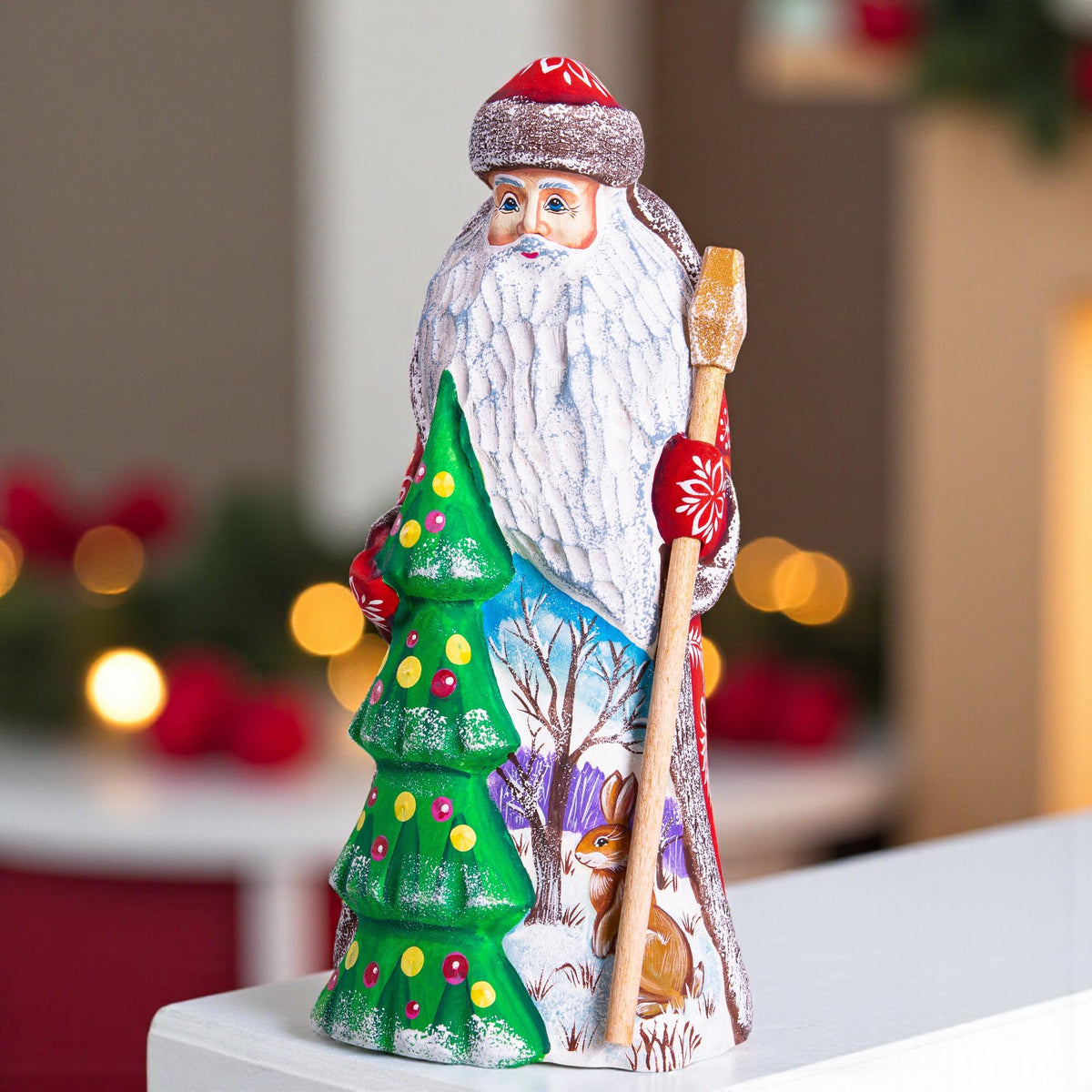 Hand carved Santa wooden figurine 9 inch, Christmas tree accent, shelf decor
