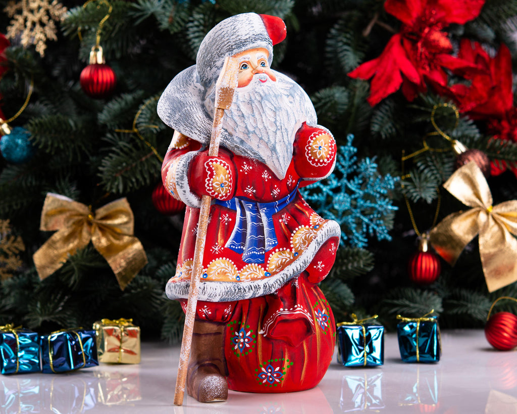 Hand carved Santa wooden figurine 9.5 inch, toy sack, mantel decor