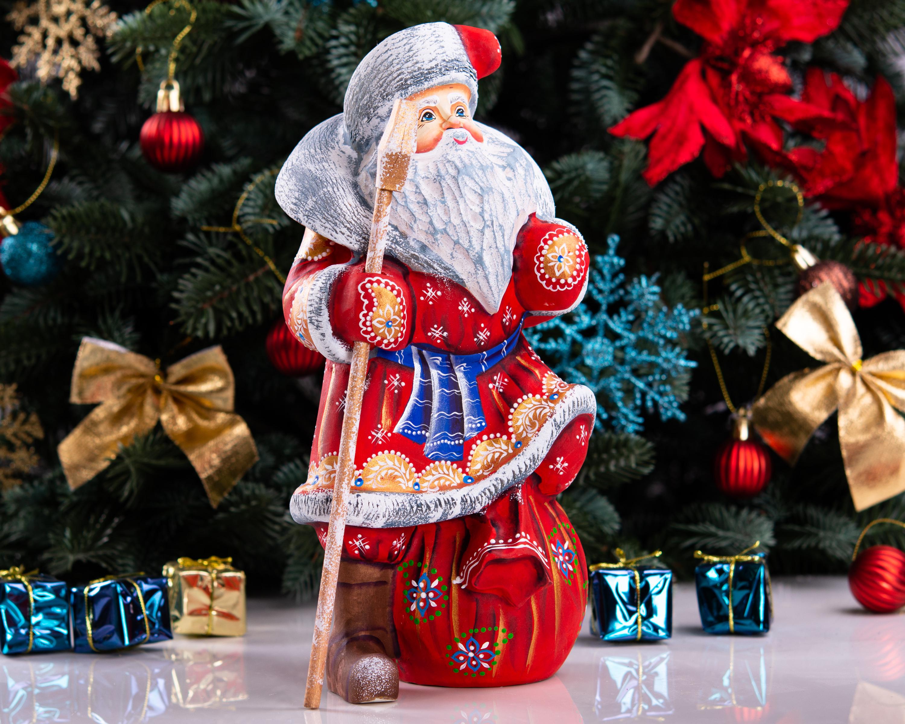 Hand carved Santa wooden figurine 9.5 inch, toy sack, mantel decor