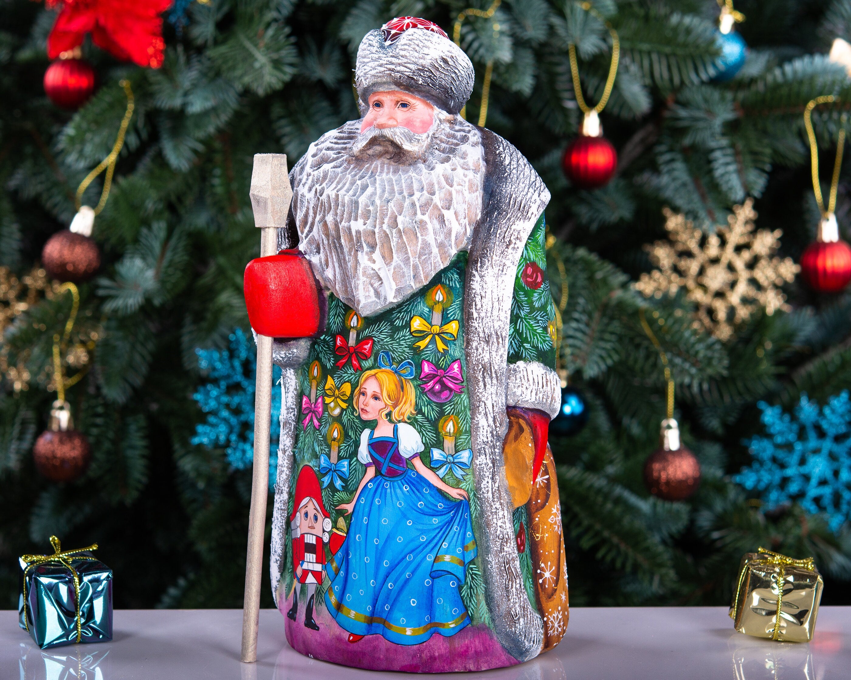 Wooden Hand Carved Santa Claus figurine 9.5", handmade home Christmas Holiday decoration indoor, funny Christmas gift idea made in Ukraine