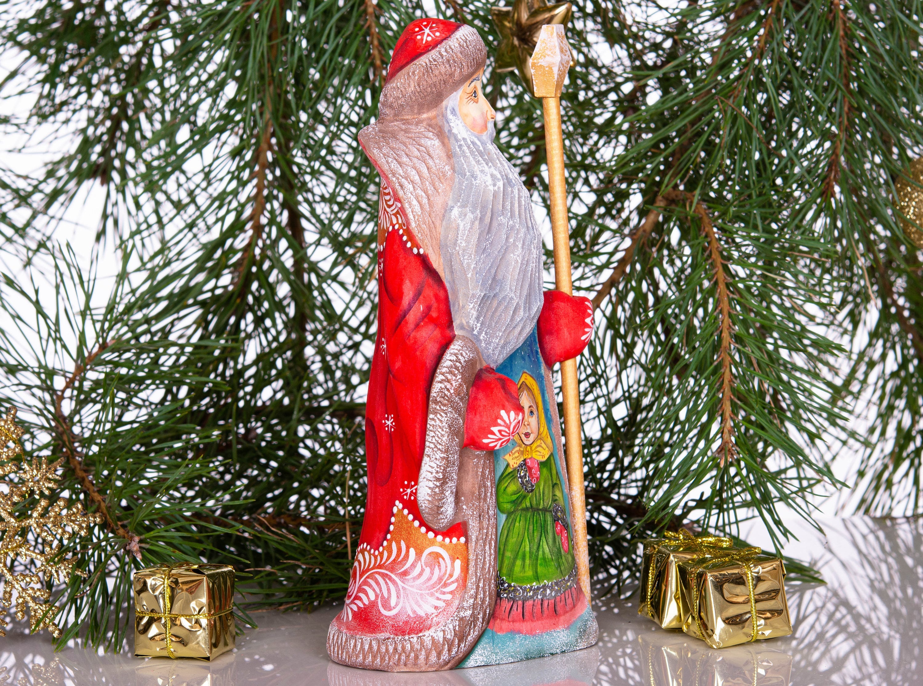 Santa figurine with staff, folk art hand painted girl scene, 8.3 inch