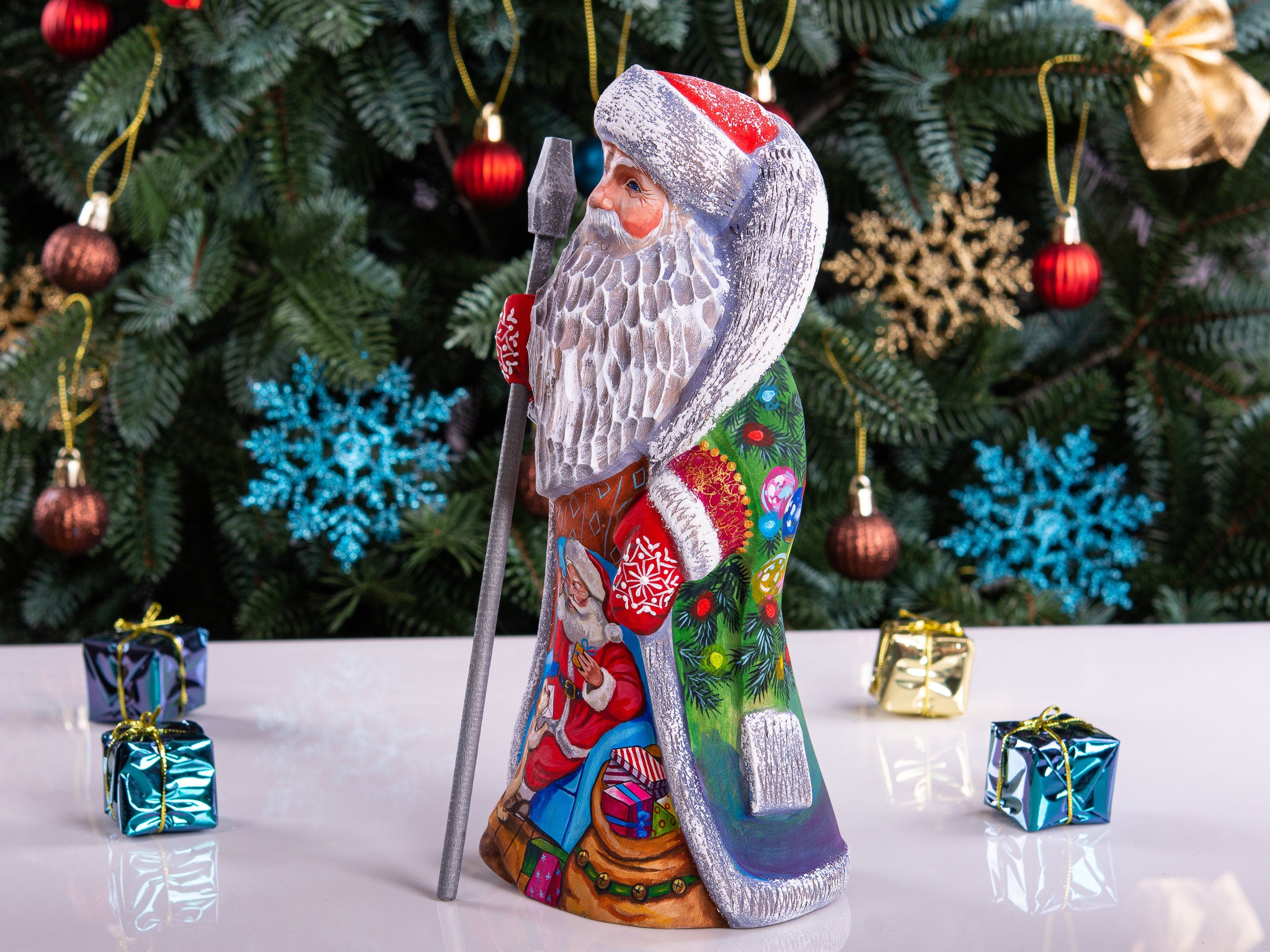 Wooden Hand Carved Vintage Santa Claus figurine 9", handmade Christmas home decoration indoor, funny Christmas gift idea made in Ukraine