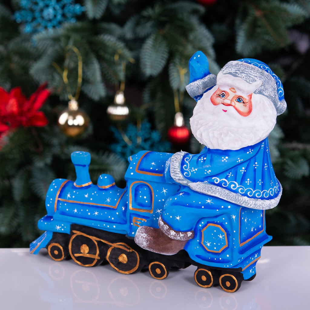 Hand-Carved Wooden Santa Claus Figurine: Christmas Train Decor