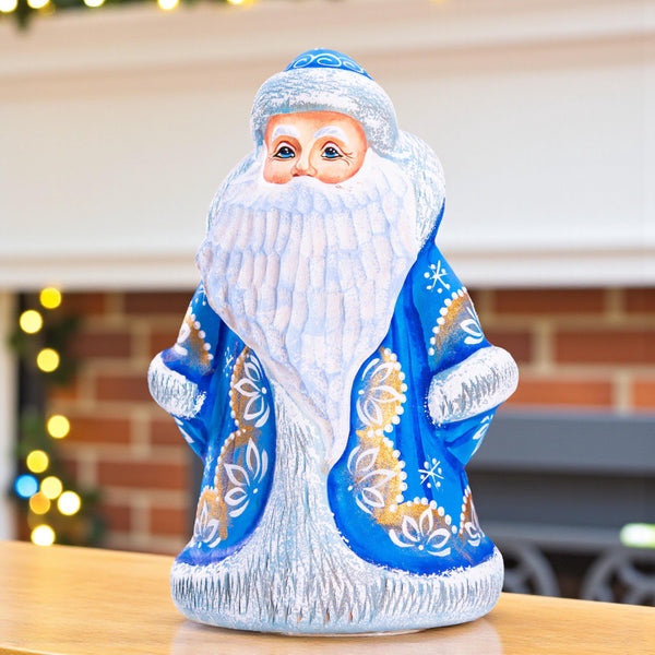 Father Frost Figurine Hand Carved Wood Long Blue Robe 6″