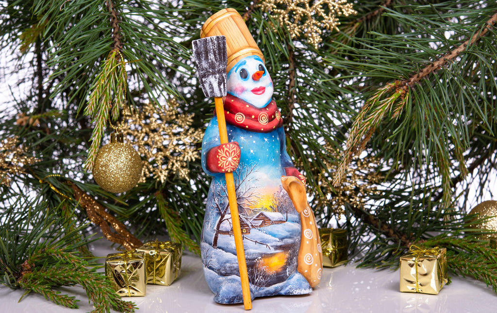 Snowman wooden figurine 8 inch, broom and sack, tabletop accent