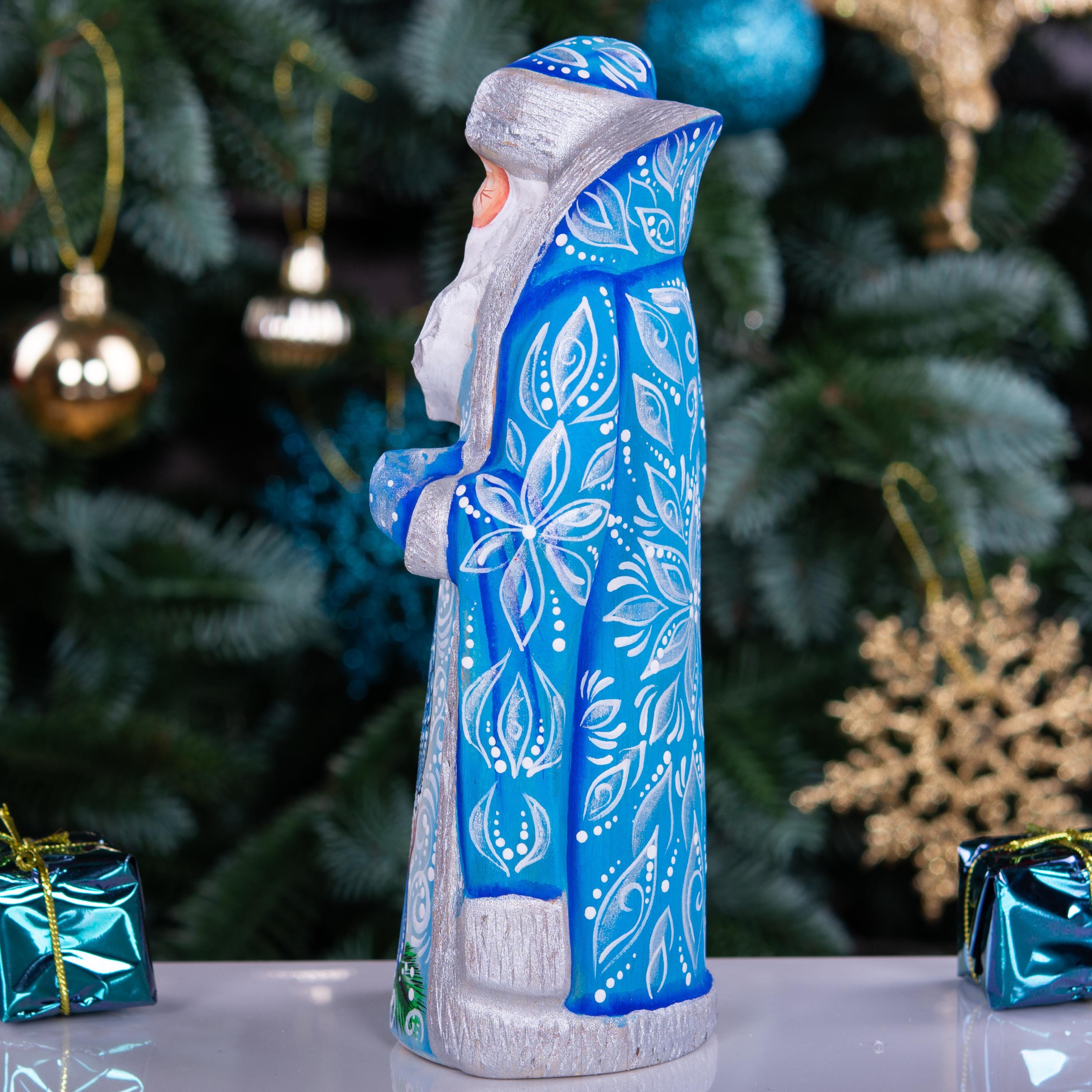 Hand carved blue Santa figurine 7 inch, owl painting, Nordic folk art centerpiece