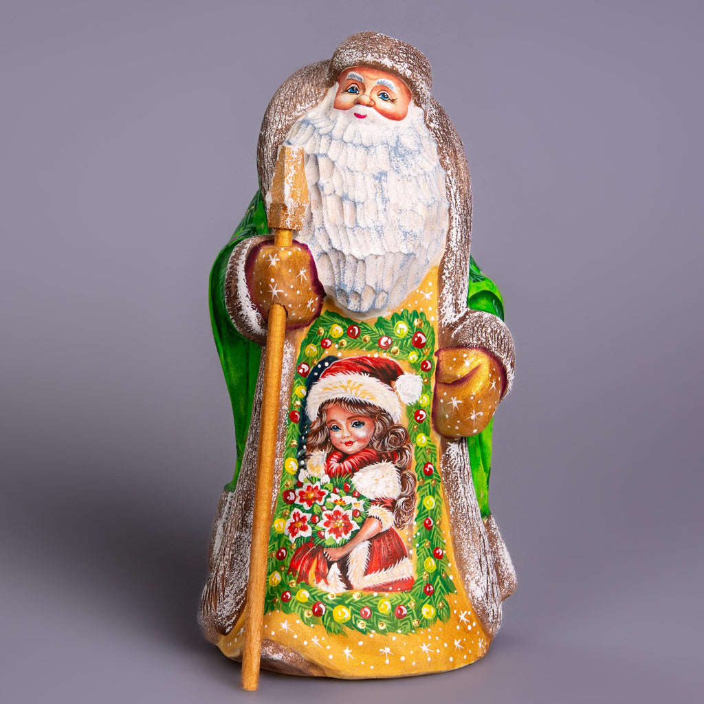 Hand Carved Wooden Santa Figurine: Green Coat, Christmas Holiday Door Scene