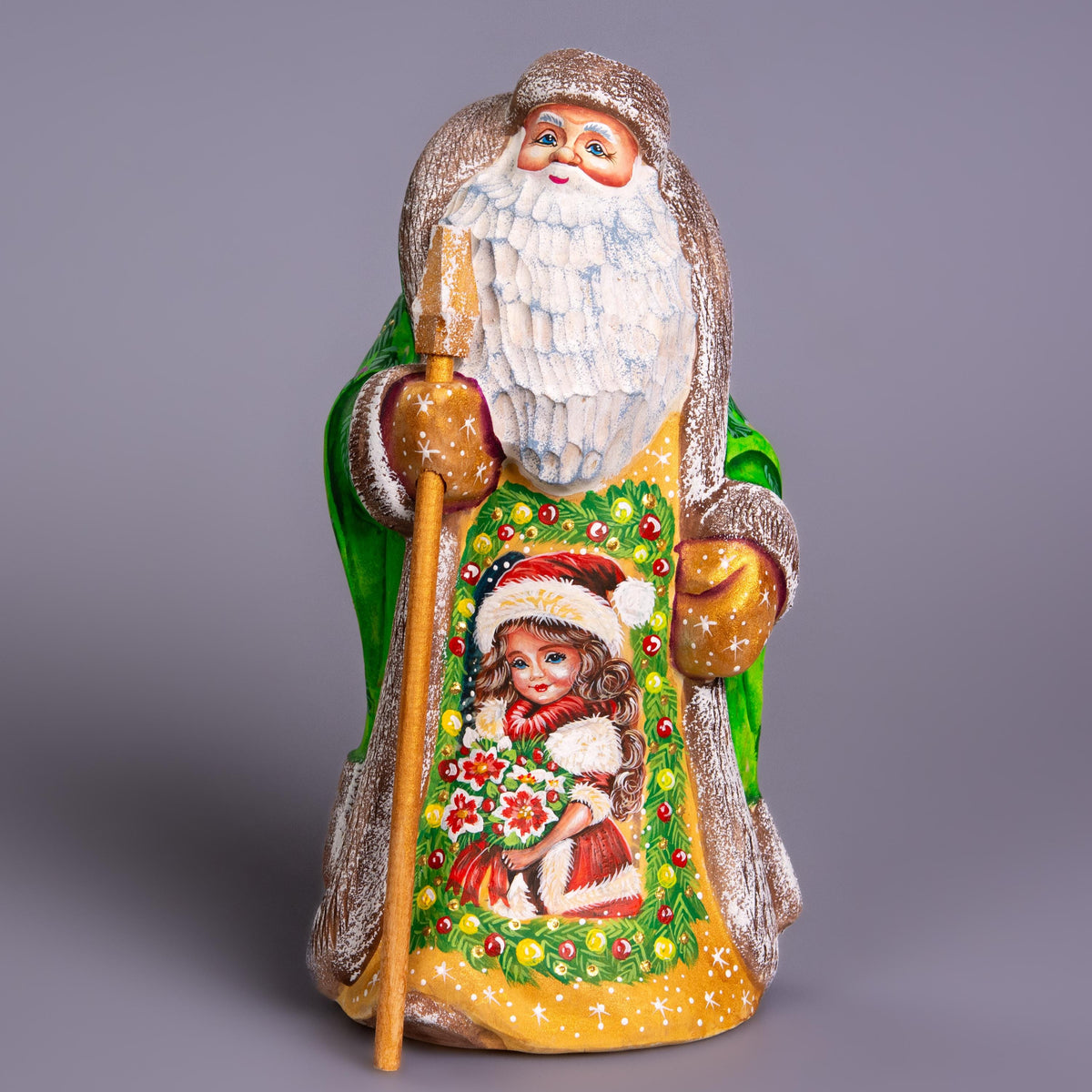 Hand Carved Wooden Santa Figurine: Green Coat, Christmas Holiday Door Scene