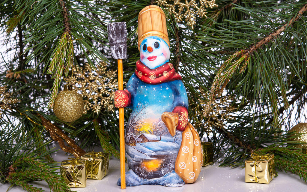 Snowman wooden figurine 8 inch, broom and sack, tabletop accent