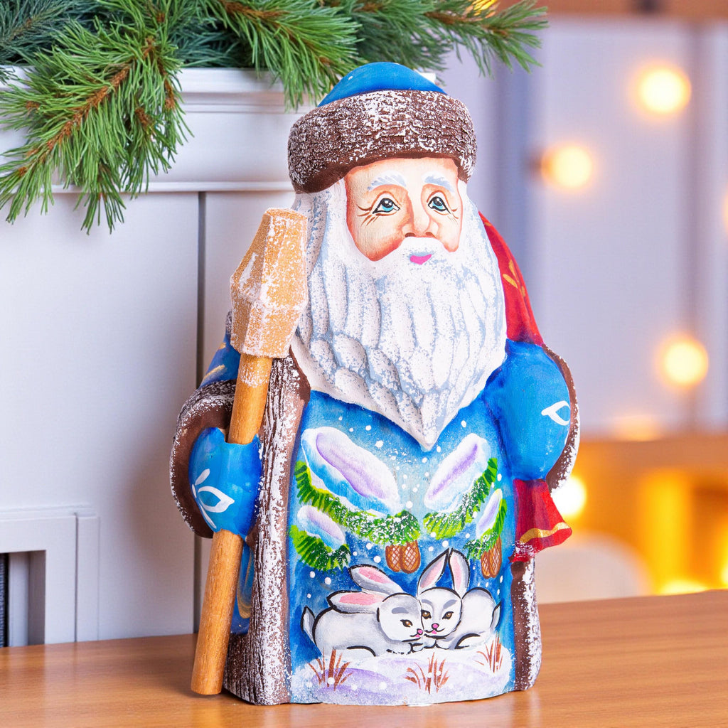 Old‑World Father Frost 5.1", Hand‑Carved Wood, Rabbits Under Pine
