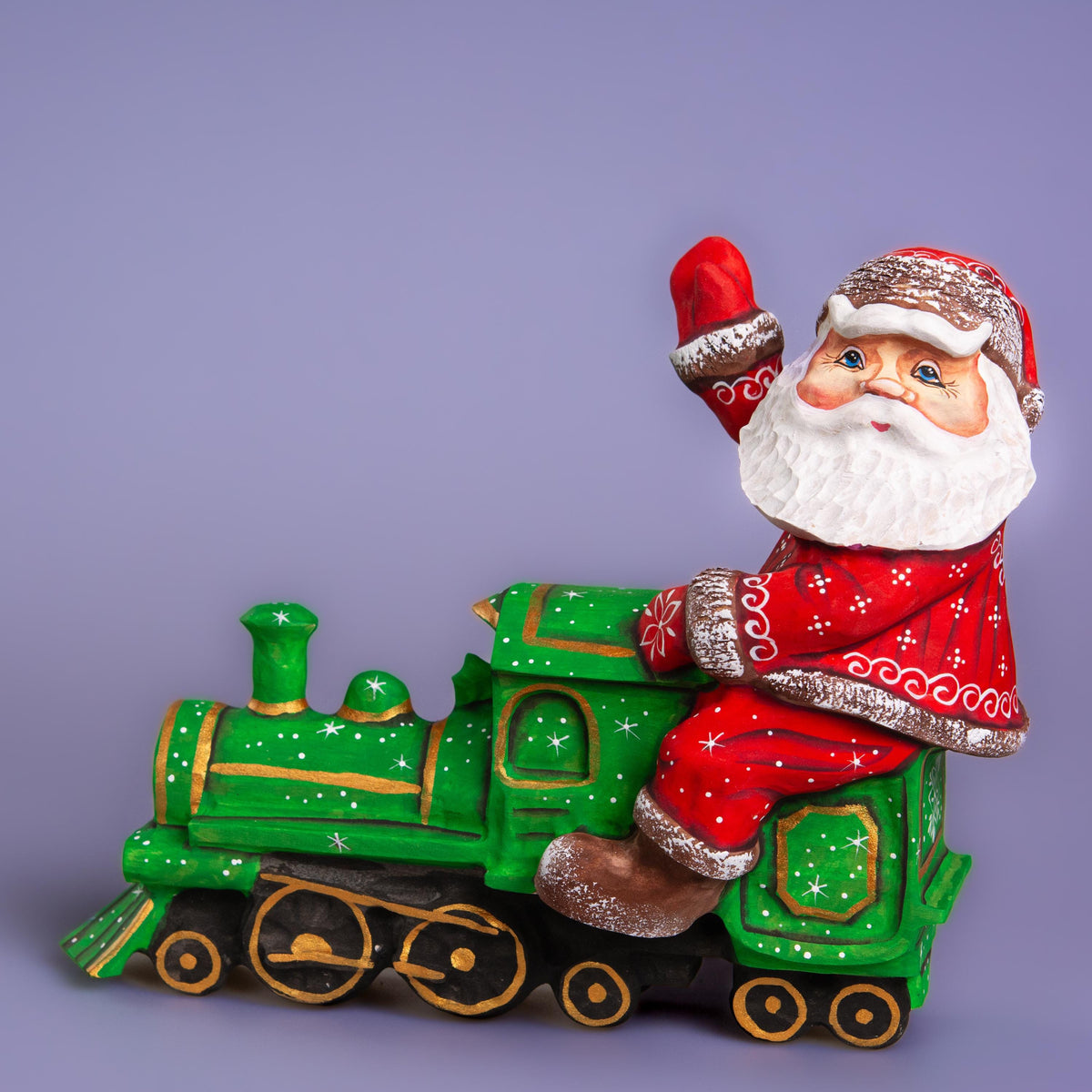 Hand Carved Santa on Locomotive Figurine 9.5 inch: Wooden Christmas Decoration