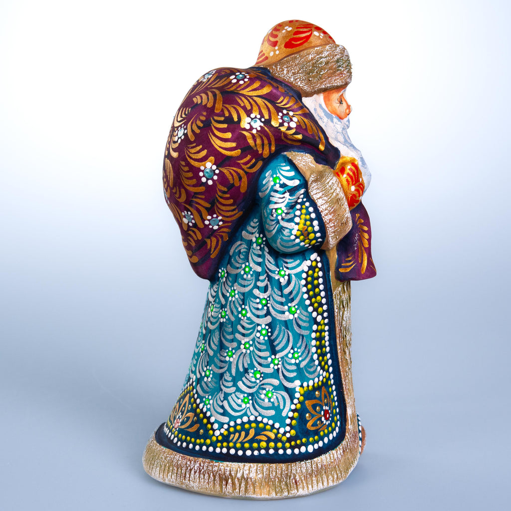 Old World Santa wooden figurine 9 inch, teal coat, shelf decor