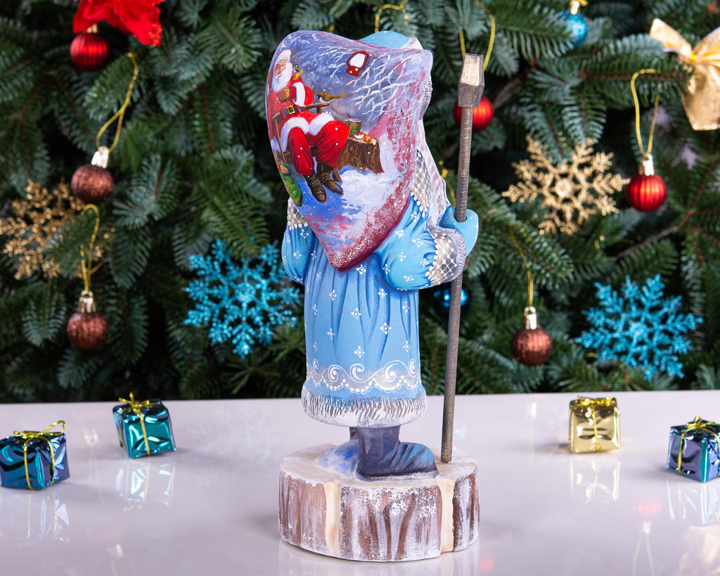 Hand carved Santa wooden statue 11 inch, Christmas scene on sack