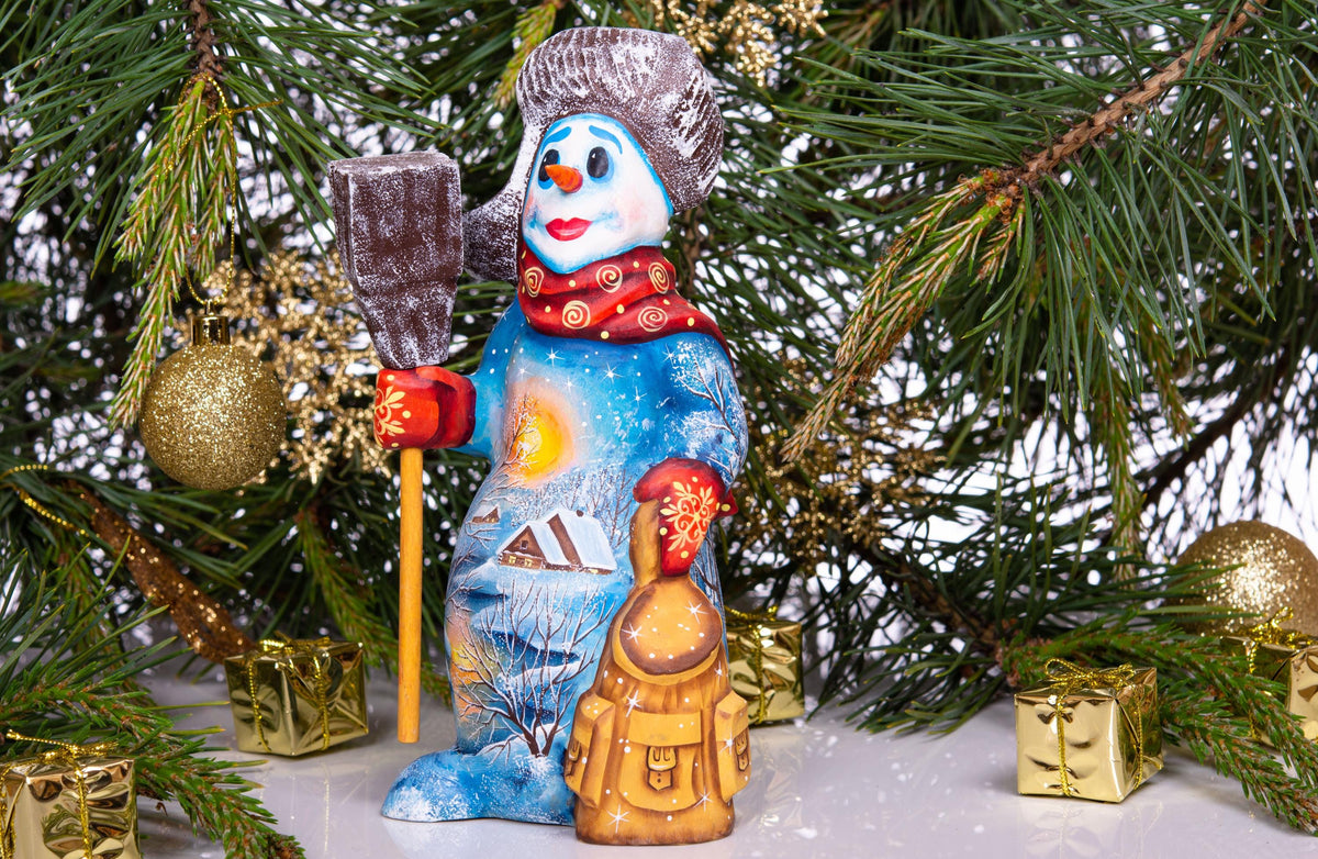 Snowman wooden statue 8 inch, holding broom, tabletop Christmas accent