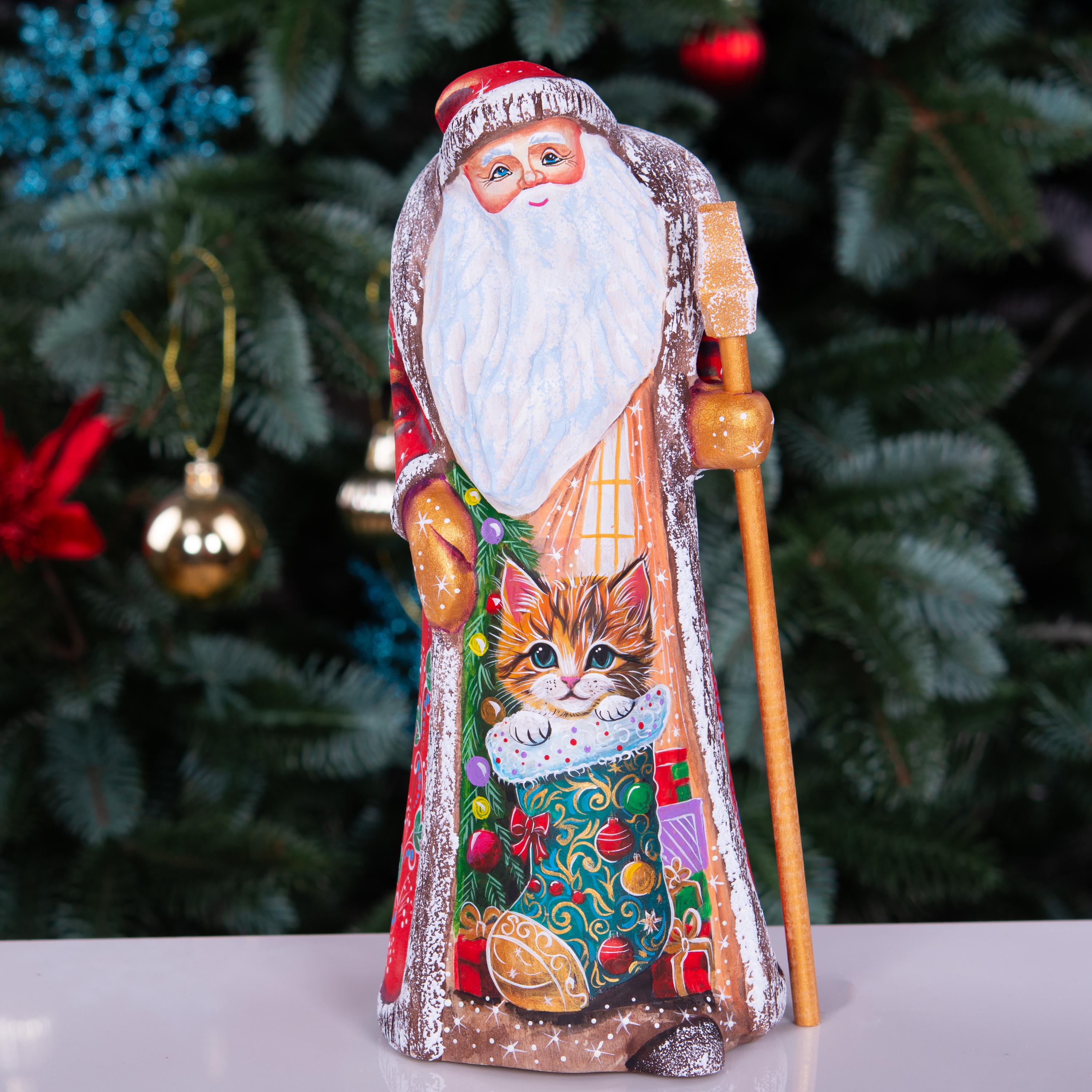 Hand carved Santa wooden figurine 9 inch, kitten in stocking scene