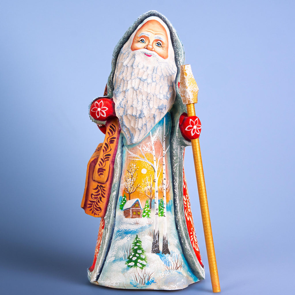 Hand carved Santa wooden figurine 9 inch with staff, winter village scene mantel decor