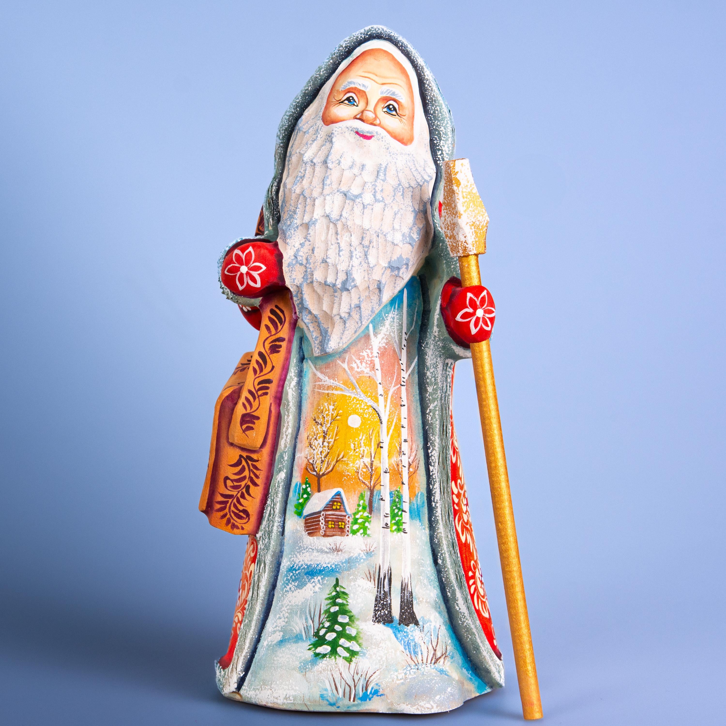 Hand carved Santa wooden figurine 9 inch with staff, winter village scene mantel decor