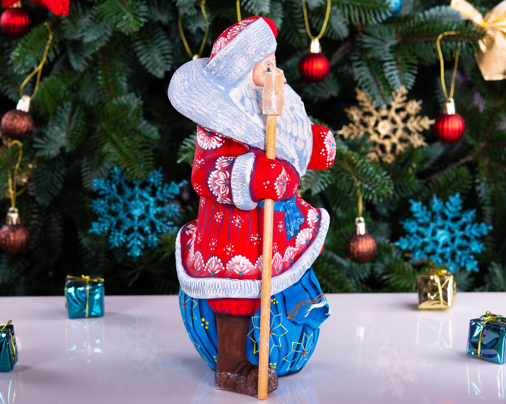 Hand carved wooden Santa figurine 9.4 inch, toy sack and staff, holiday mantel decor