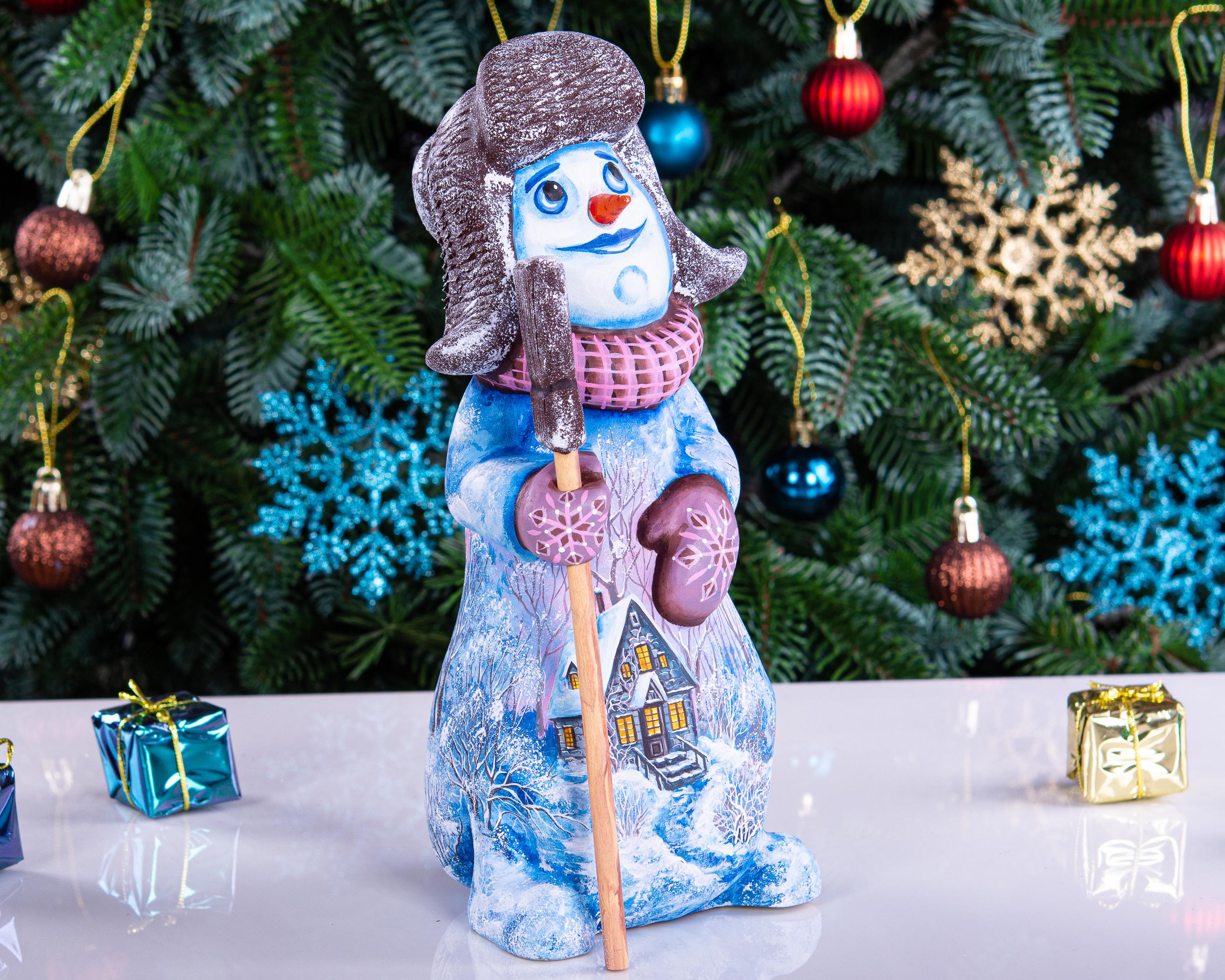 Collectible snowman figurine with broom, folk art mantel decor, 9 inch