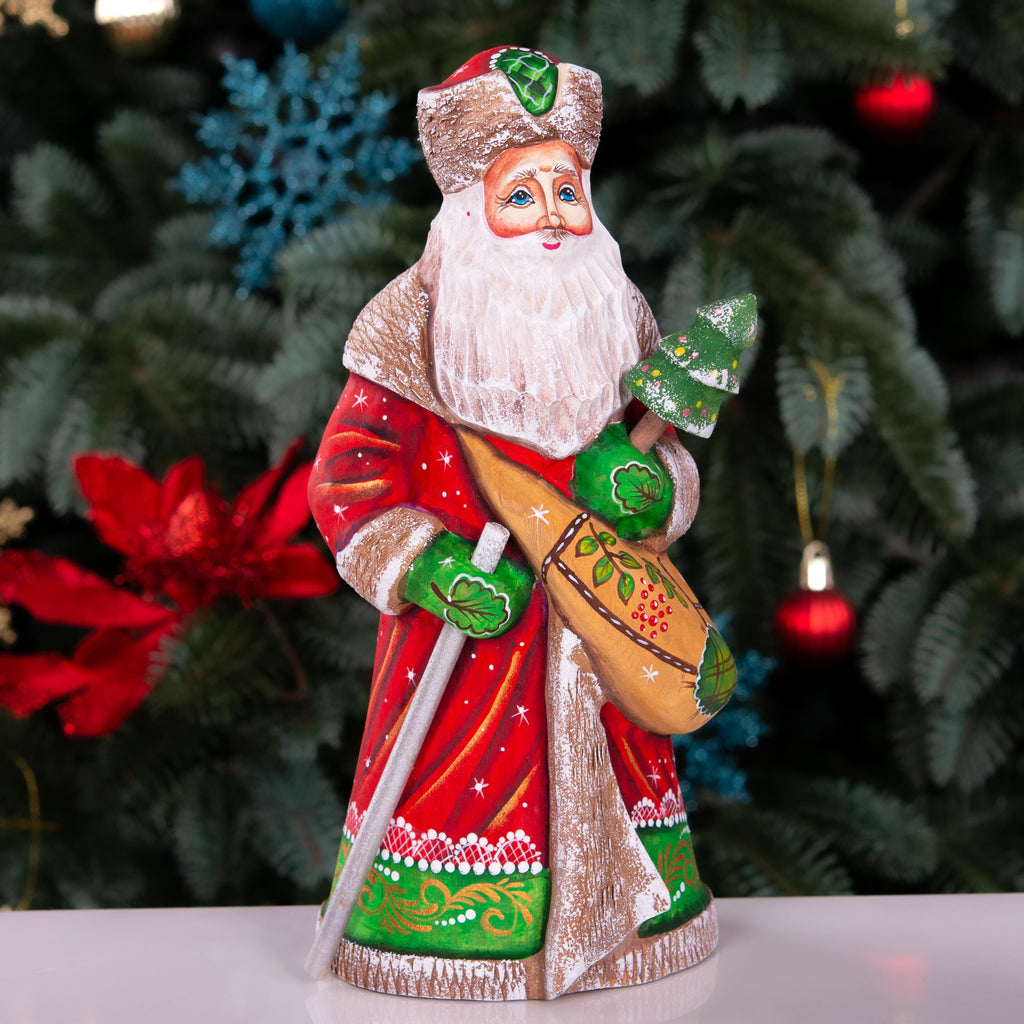 Hand-Carved Wooden Saint Nicholas Figurine 9", Small Tree, Christmas Shelf Decor