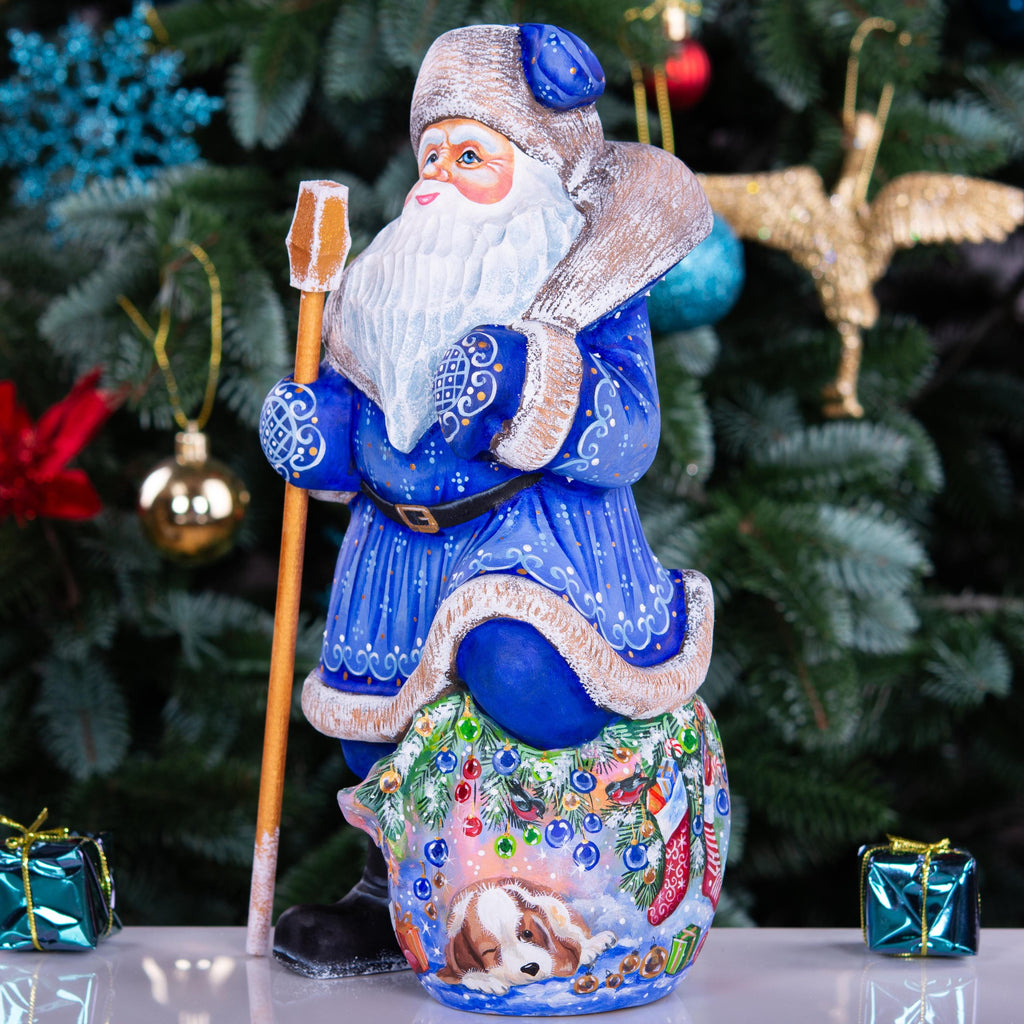 Blue Santa wooden figurine 9.5 inch, hand carved Christmas mantel display decor