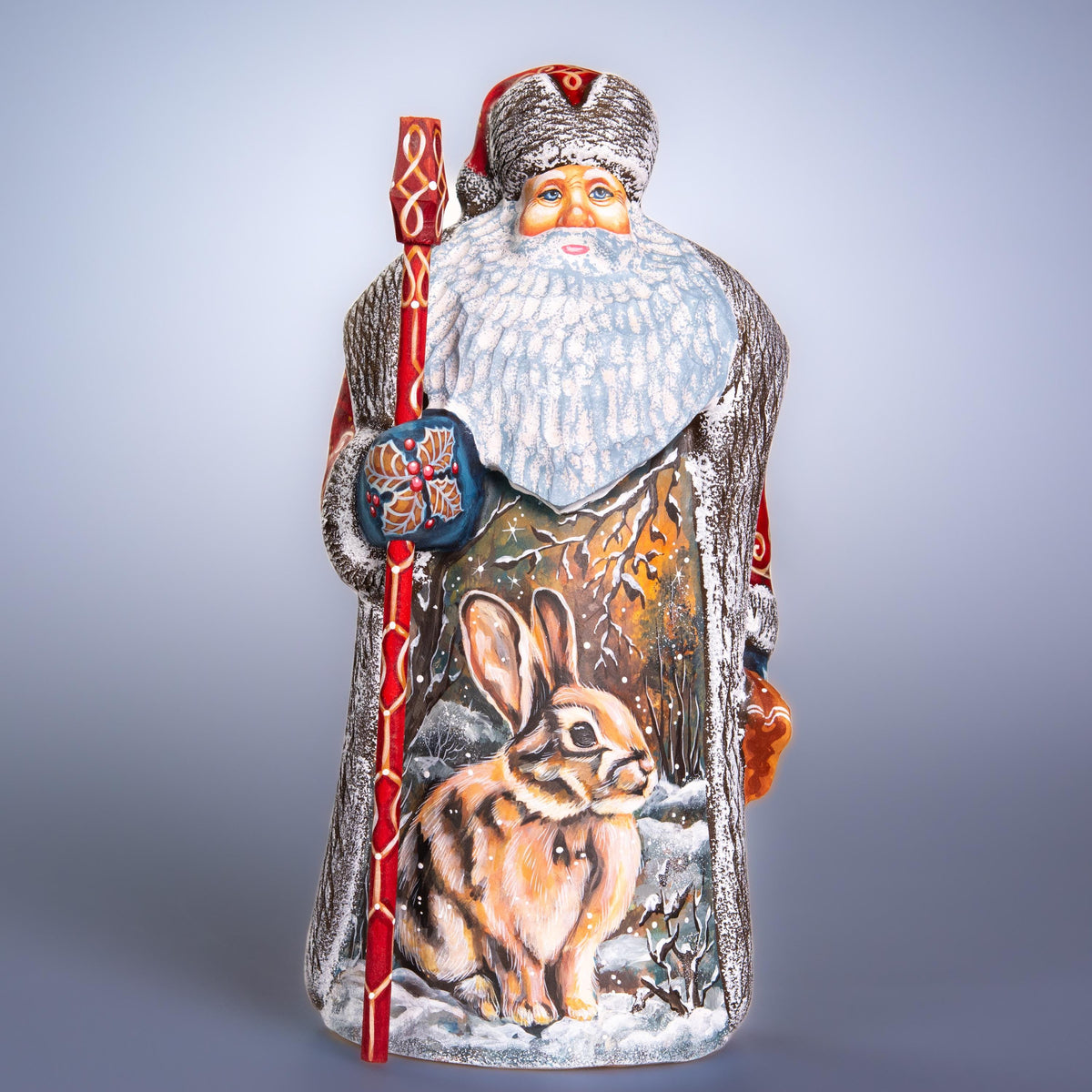 Hand carved Old-World Santa wooden figurine 9.5 inch, winter rabbit scene, mantel decor