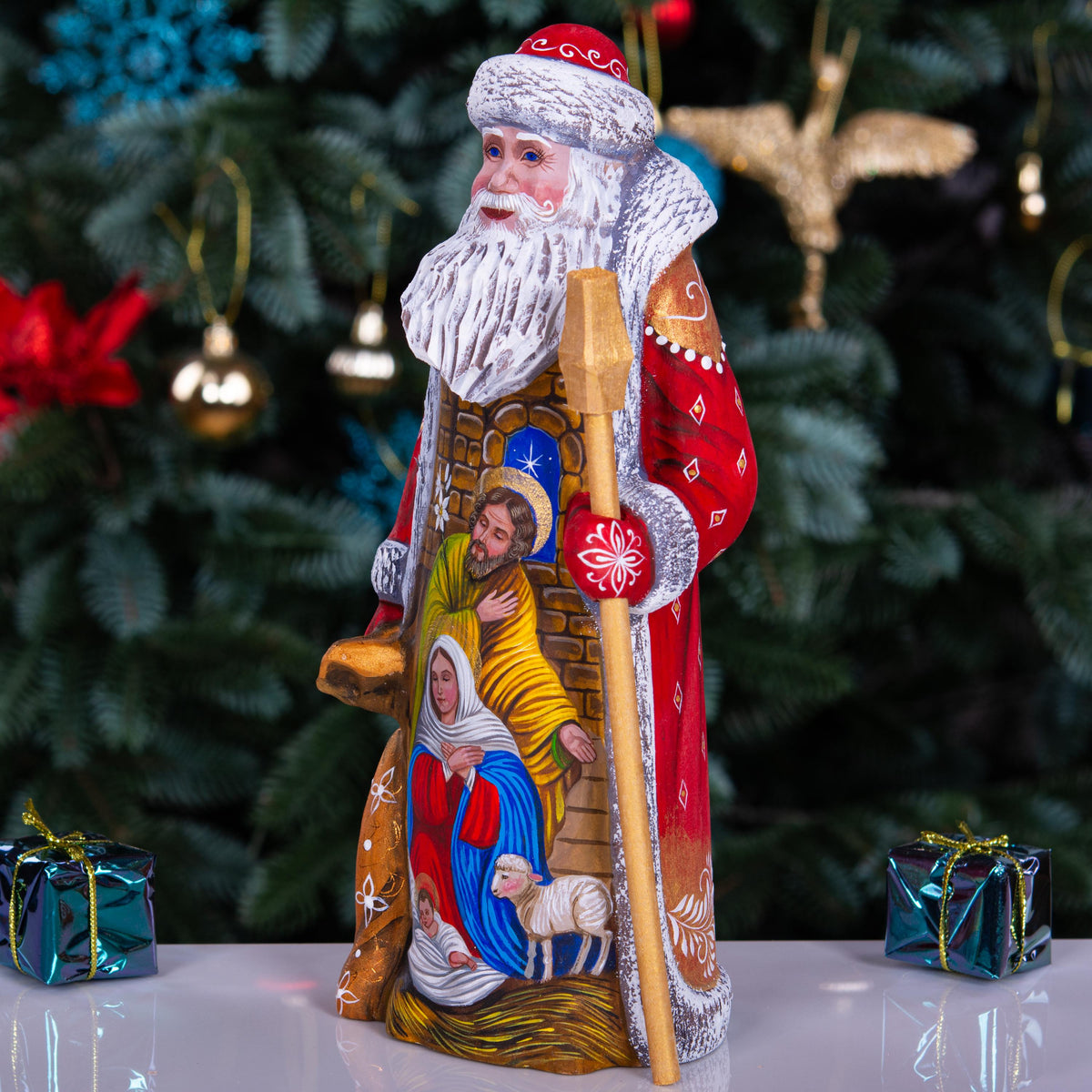 Hand carved Santa wooden figurine 9 inch, Holy Family Nativity