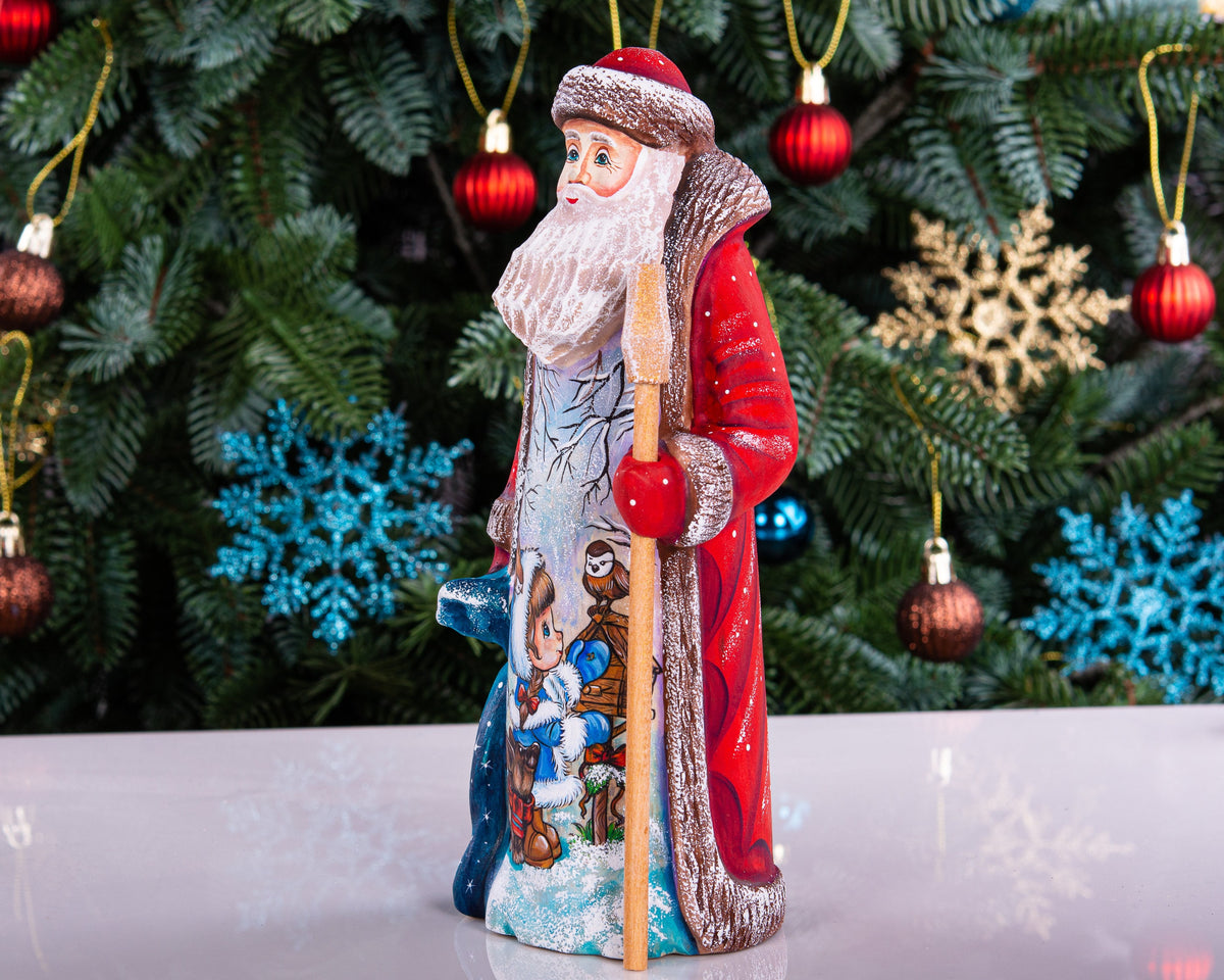 Hand carved wooden Santa figurine 9 inch, girl with animals, Christmas shelf decor
