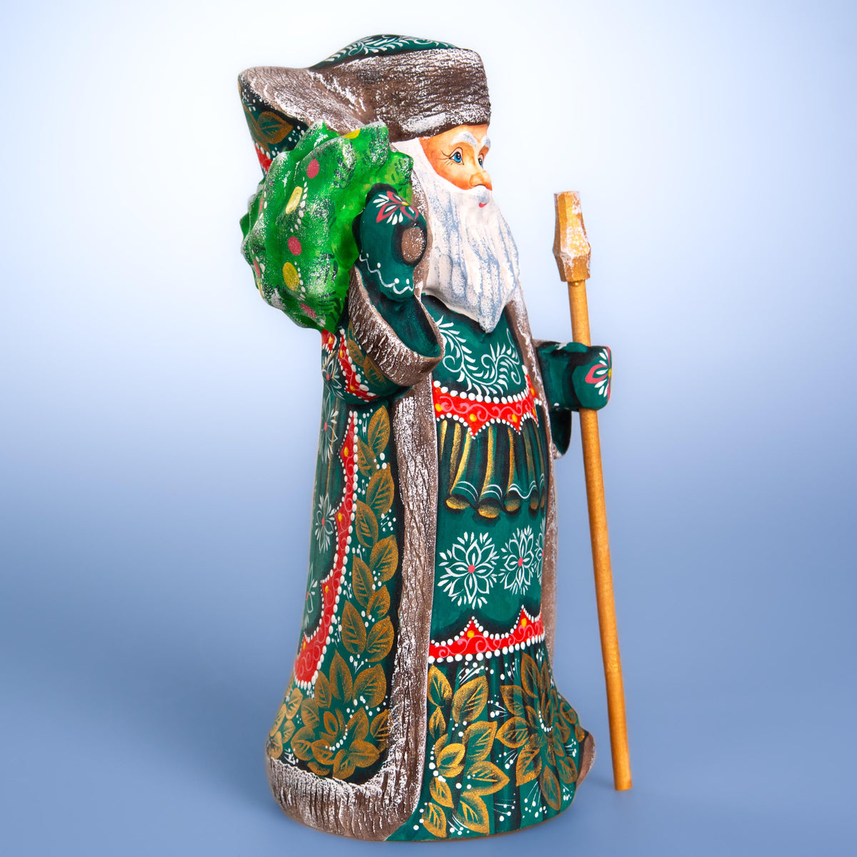 Old World Santa figurine 10.2 inch, carved wood, emerald coat, holiday shelf decor