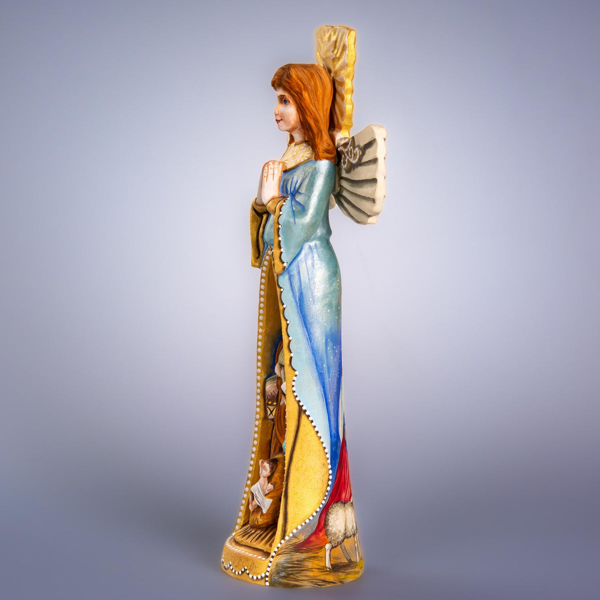 Hand carved wooden angel figurine 13 inch, Bethlehem star shepherds scene, mantel decor