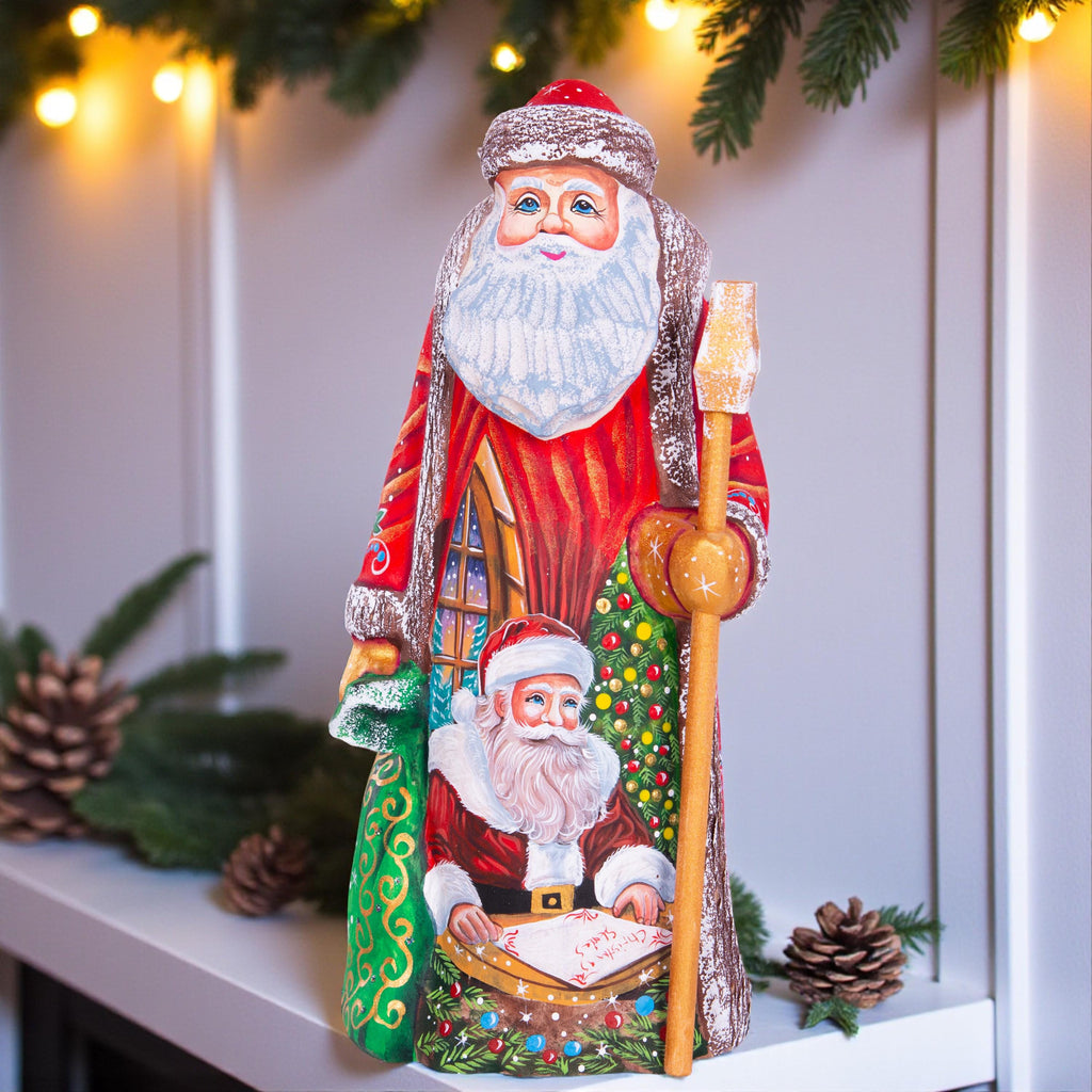 Hand carved wooden Santa, storybook Christmas list vignette, 9.1 inch