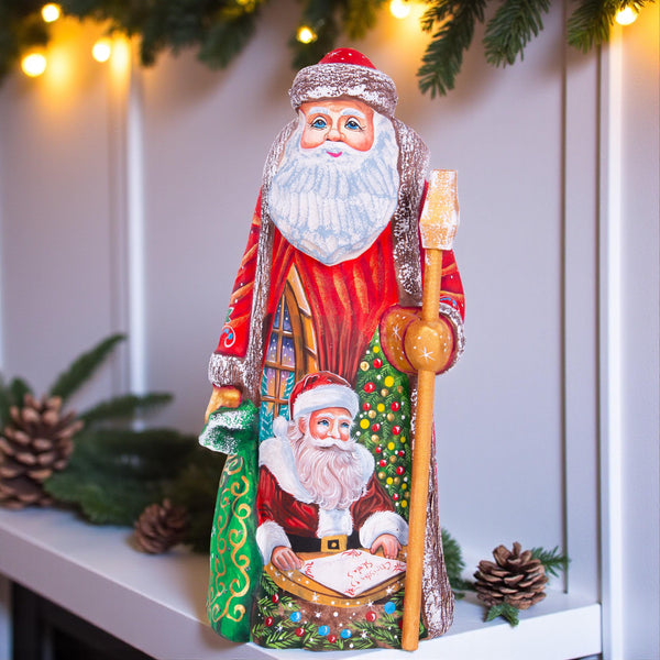 Hand carved wooden Santa, storybook Christmas list vignette, 9.1 inch