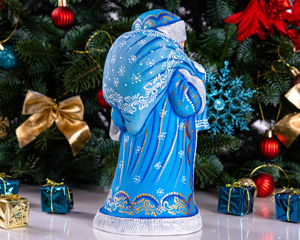 Wooden Santa Figurine in Blue with Sack 9", Hand Painted Shelf Decor