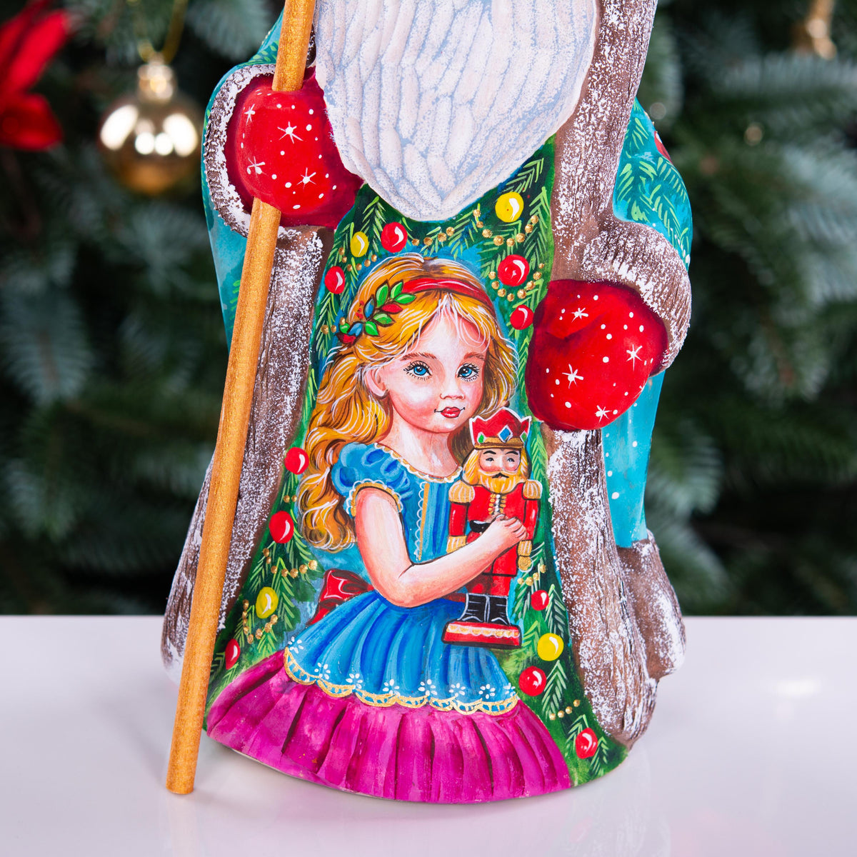 Santa figurine with staff, girl holding nutcracker, hand painted, 9.4 inch