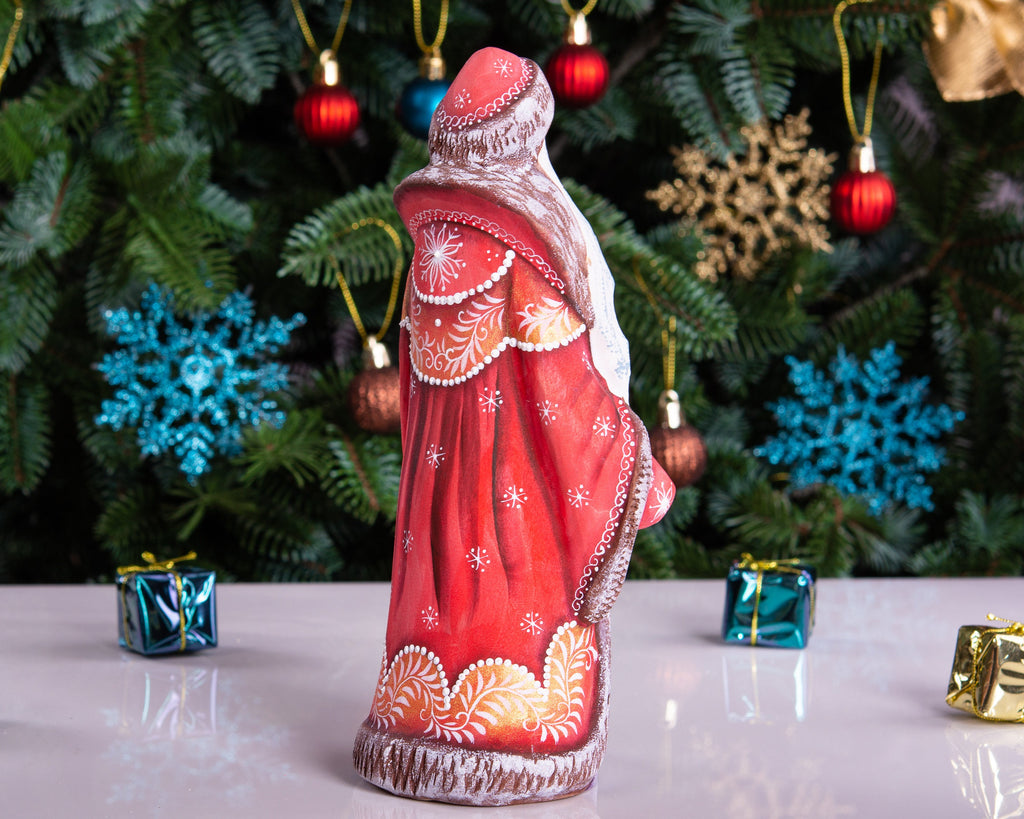 Hand carved Russian Santa figurine 8.7 inch, winter girl scene, Christmas mantel decor