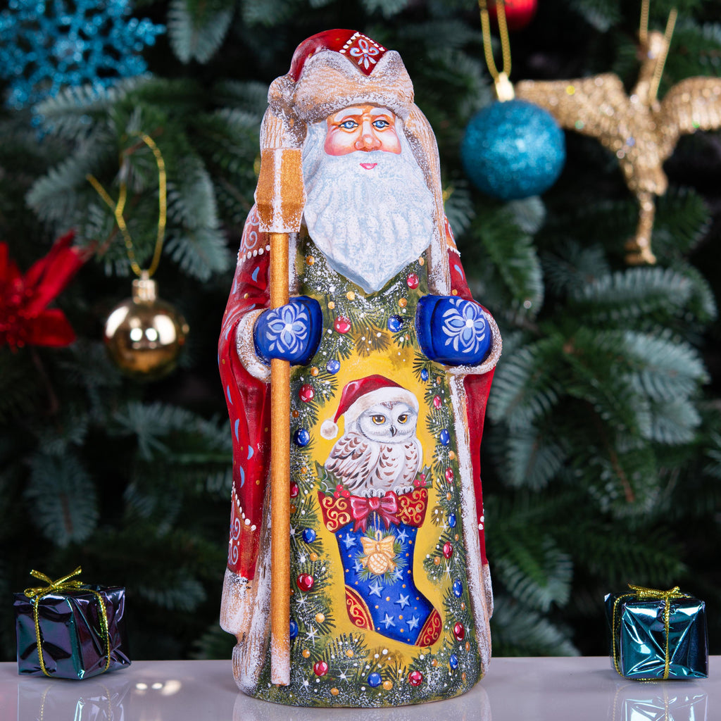 Hand Carved Santa Claus Statue: Owl in Stocking, Rustic Christmas Decor