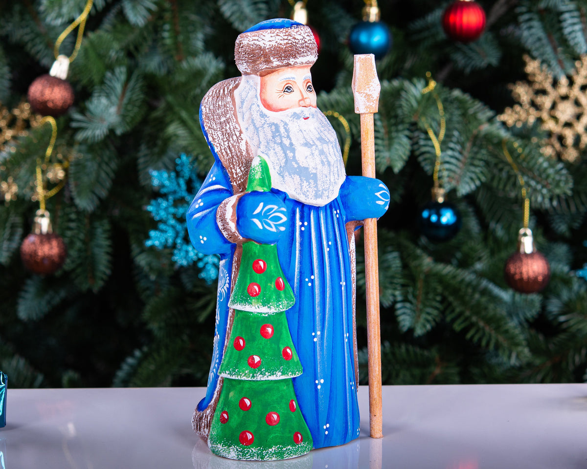 Hand carved Santa wooden figurine 7.9 inch, Christmas tree accent, holiday shelf decor