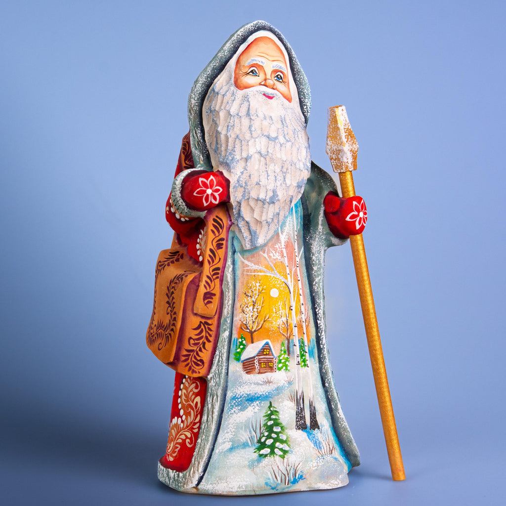 Hand carved Santa wooden figurine 9 inch with staff, winter village scene mantel decor
