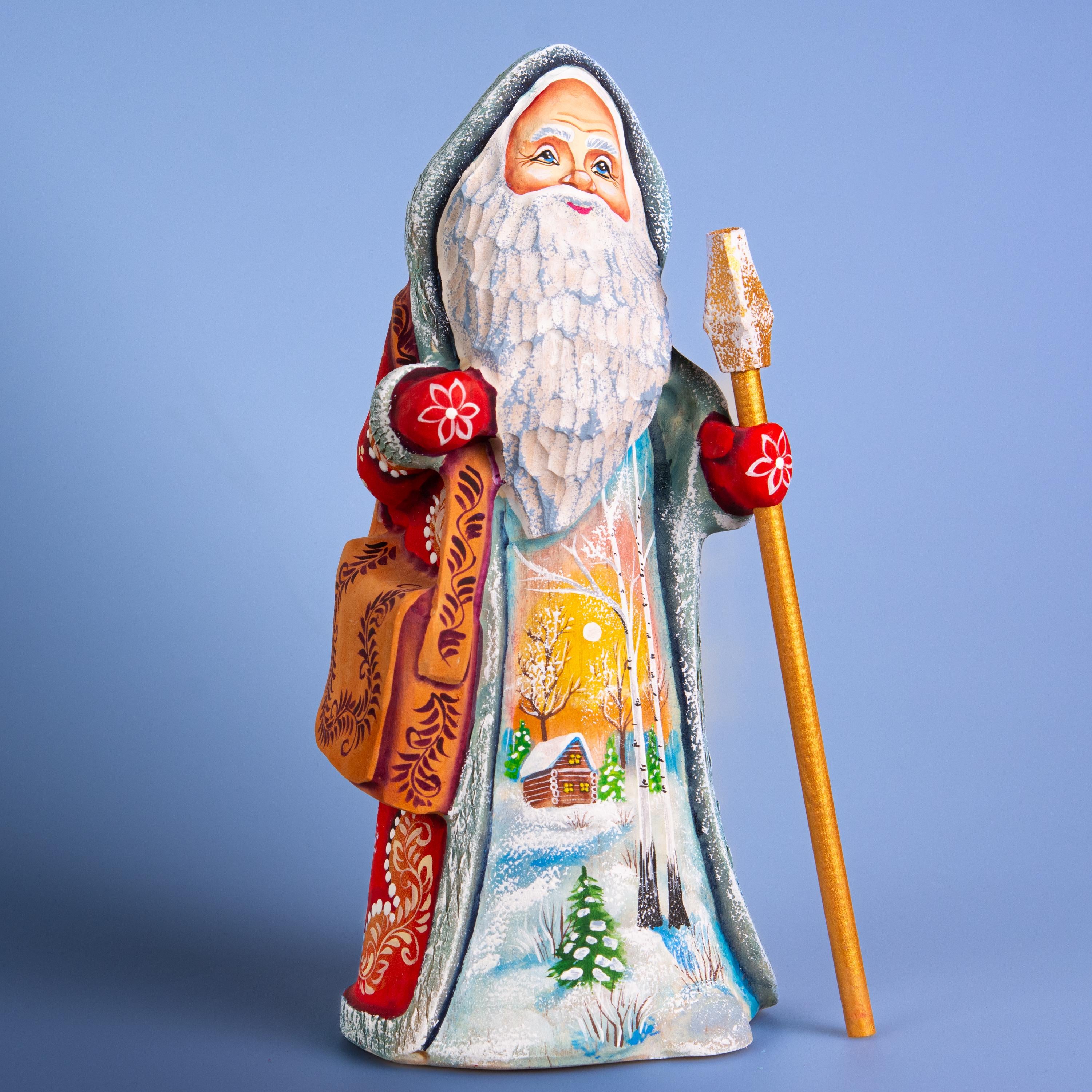 Hand carved Santa wooden figurine 9 inch with staff, winter village scene mantel decor
