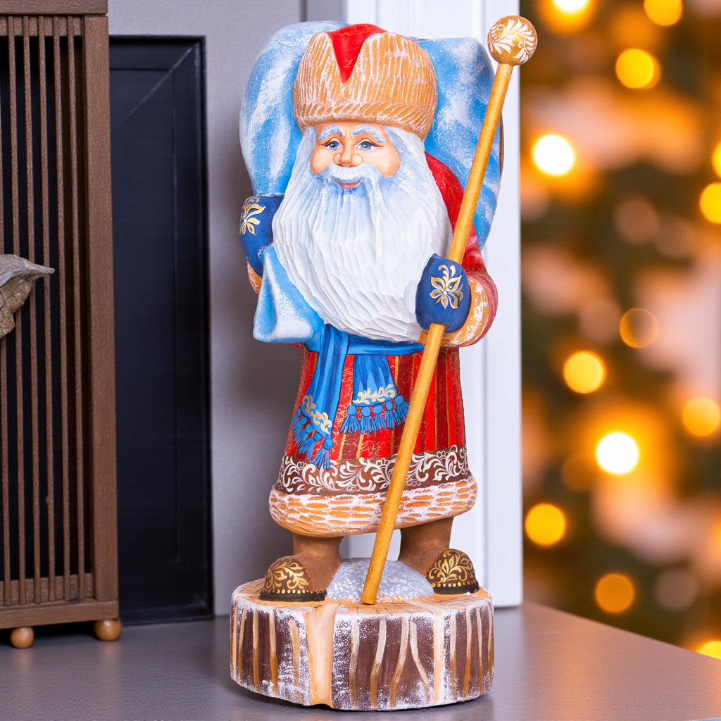Hand carved wooden Santa figurine 13.8 inch, winter woodland animals artwork, mantel decor