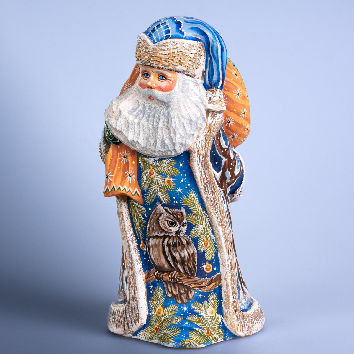 Hand Carved Wood Santa Figurine: Owl & Snowy Village, Signed