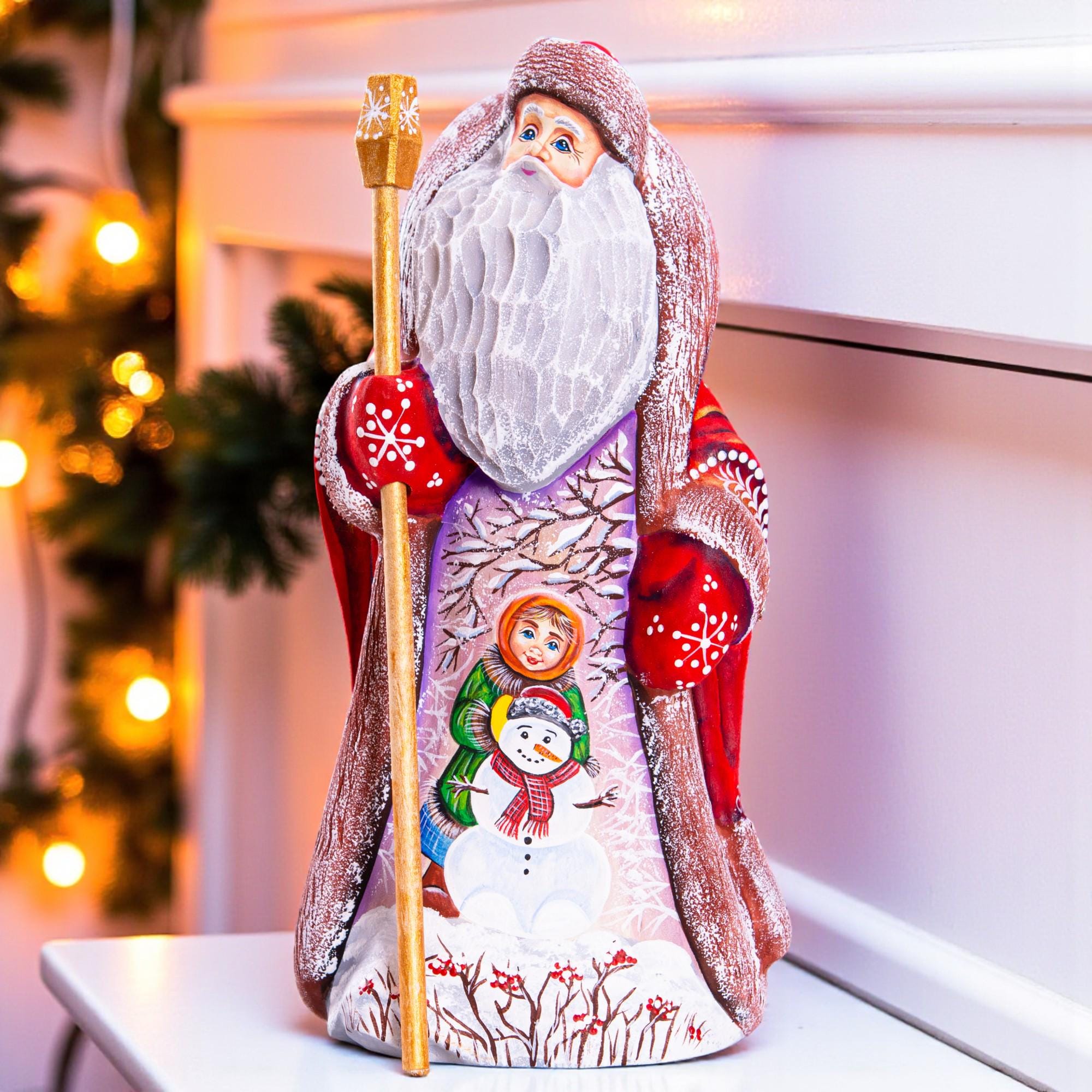 Hand carved wooden Santa figurine 9.4 inch, child with snowman scene, mantel decor