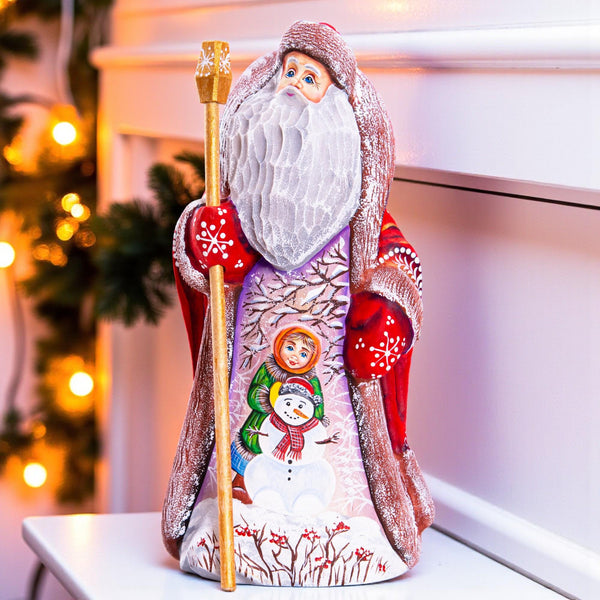Hand carved wooden Santa figurine 9.4 inch, child with snowman scene, mantel decor