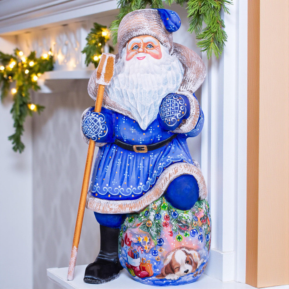 Blue Santa wooden figurine 9.5 inch, hand carved Christmas mantel display decor