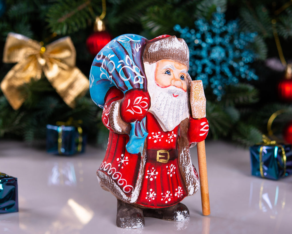Mini Santa wooden figurine 5.7 inch, gift sack shelf decor