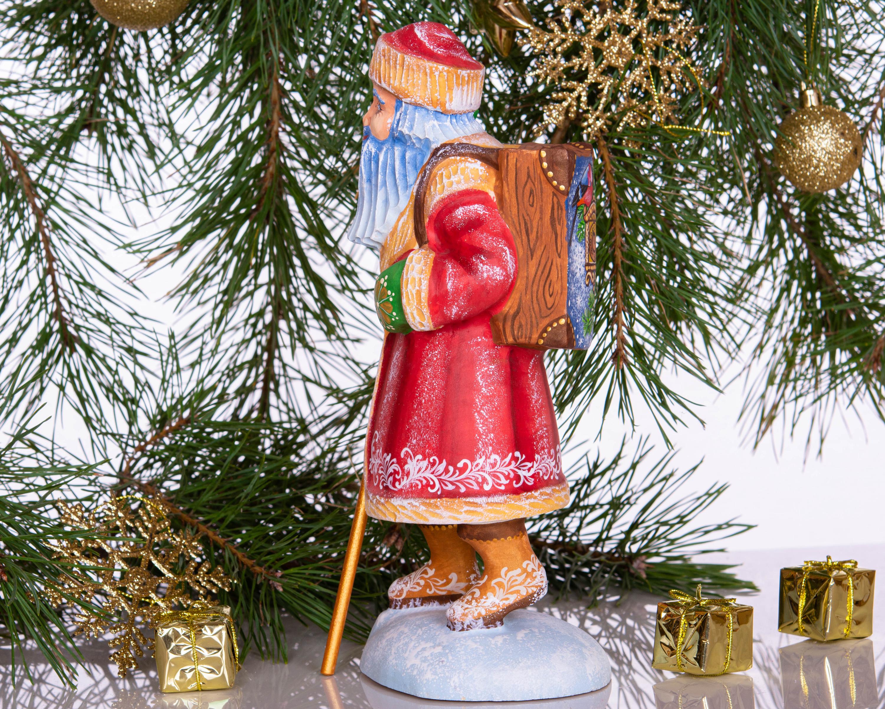 Hand carved wooden Santa figurine 11 inch, cuckoo clock bullfinch scene, Christmas home accent