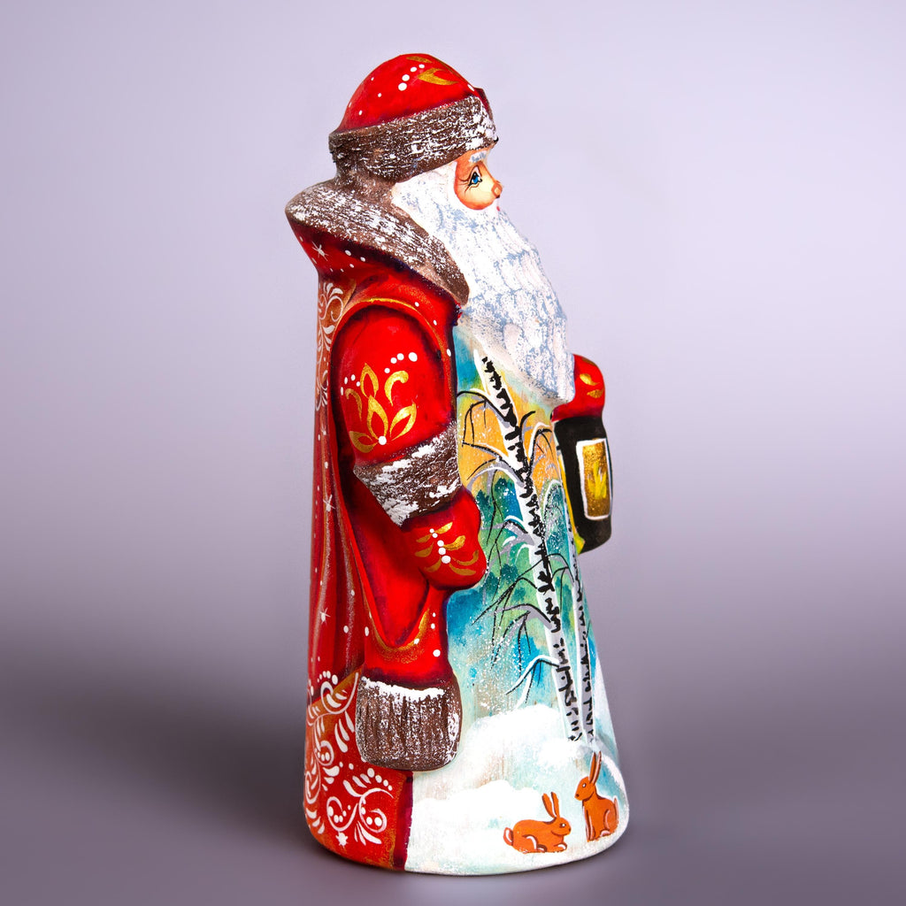 Hand carved Santa wooden figurine 7 inch with lantern, rabbits scene, mantel decor