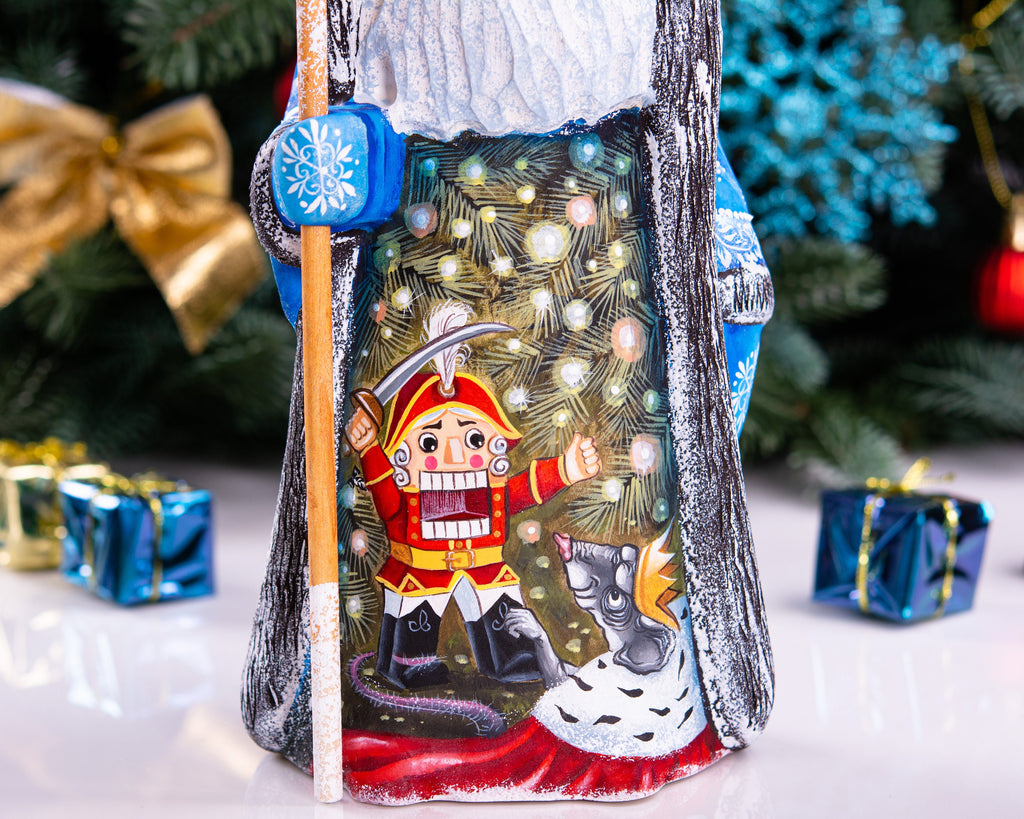 Hand carved wooden Santa figurine 9.4 inch, Nutcracker scene, blue coat, holiday mantel display