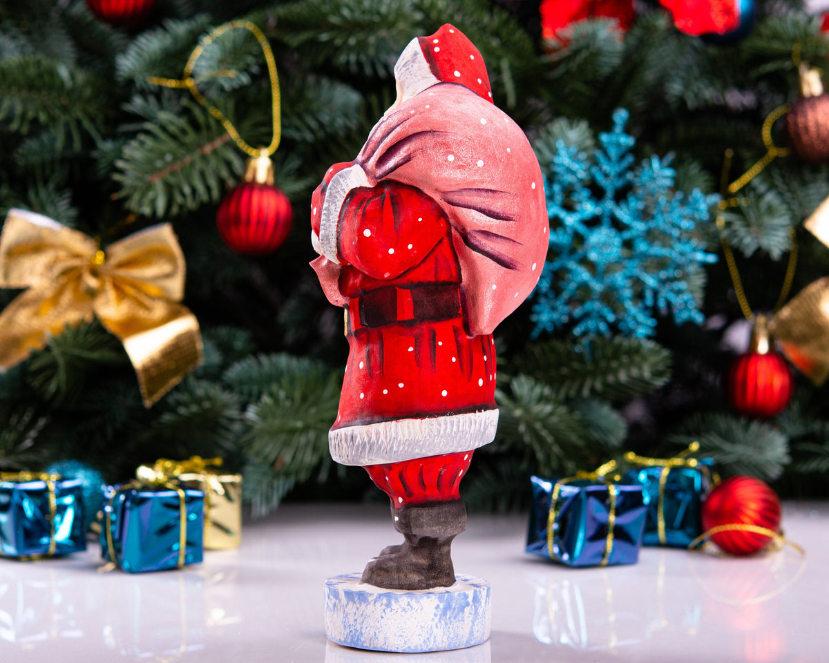 Santa Statue 7.1″, Hand‑Carved Wood, Shoulder Toy Sack