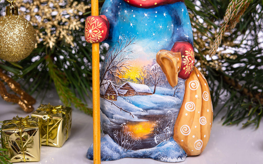 Snowman wooden figurine 8 inch, broom and sack, tabletop accent